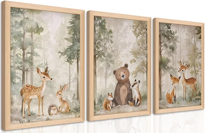 Framed Woodland Wall Art Set of 3, Wild Animals Nursery Wall Decor, Cute Bear Fox Deer Watercolor Canvas, Forest Animal Pictures Print for Baby Room Decor Home Decoration – 16x24 inch