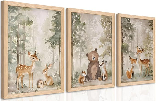 Framed Woodland Wall Art Set of 3, Wild Animals Nursery Wall Decor, Cute Bear Fox Deer Watercolor Canvas, Forest Animal Pictures Print for Baby Room Decor Home Decoration – 16x24 inch