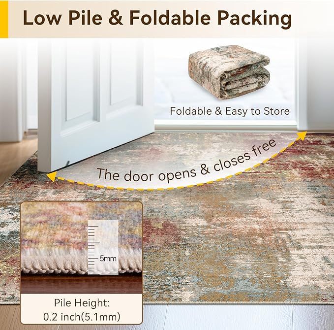 Washable Area Rugs 6'x8' Non-Slip Modern Abstract Soft for Living Room Entryway Bedroom Nursery, Print Pattern, Brown Rust Red Multi