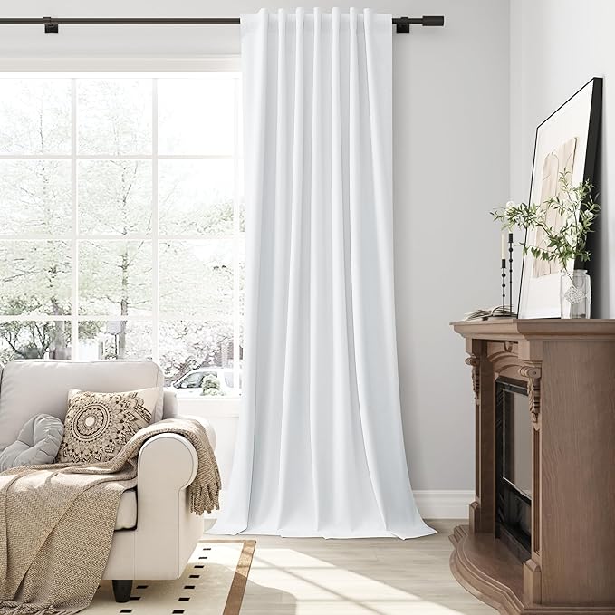 Guken White 100% Blackout Linen Hook Belt Curtains for Bedroom 108 Inches Long 2 Panel Sets Back Tab Textured Room Darkening Energy Saving Privacy Luxury Patio Curtains for Sliding Door 52x108 9Ft