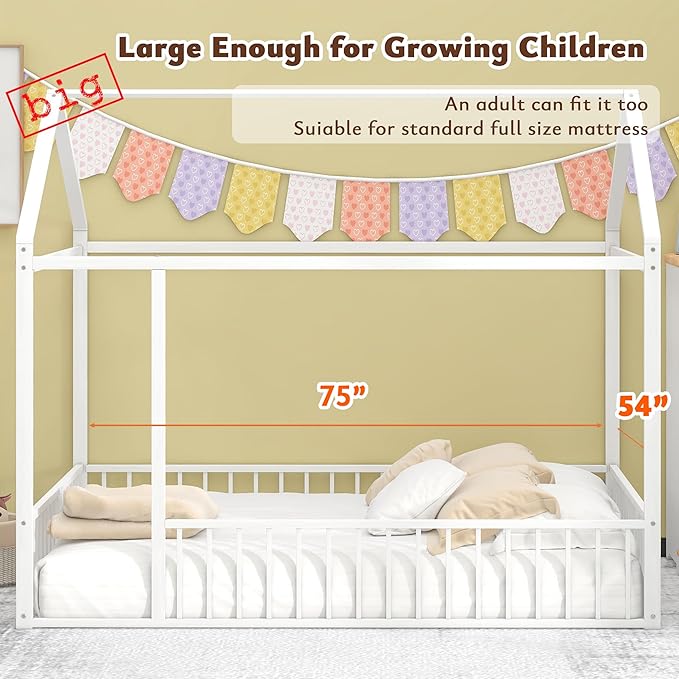 Bellemave Full Size Montessori Floor Bed, Metal House Bed Framefor Kids, Montessori Floor Beds with Fence, Playhouse for Kids, White