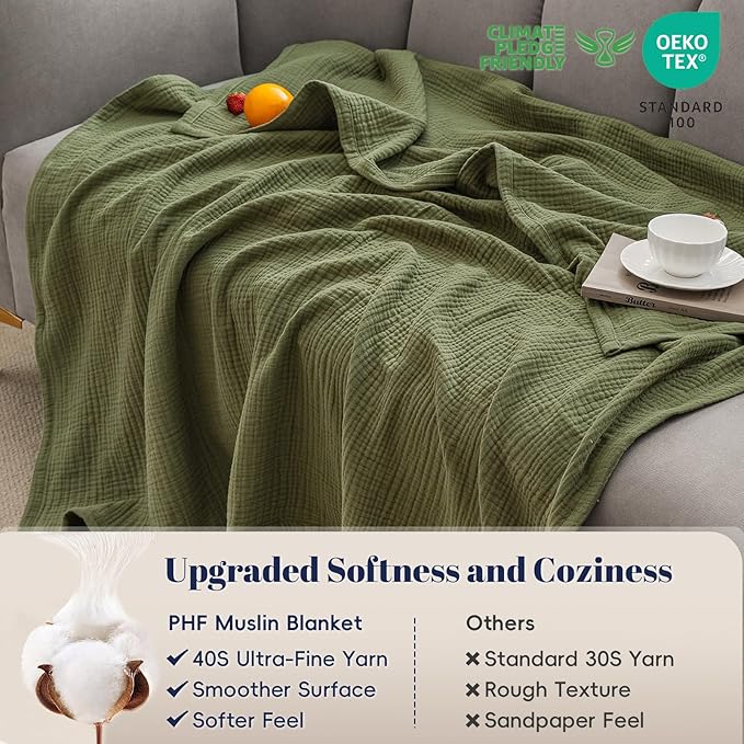 PHF 100% Cotton Muslin Throw Blanket 50" x 60", 4-Layer Lightweight Gauze Throw, Breathable Cloud-Soft Minimalist Blanket for Bed, Couch, Camping & Baby, Olive Green, Ideal Gift