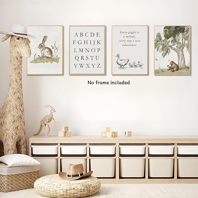 Nursery Gallery Wall Art Animal Canvas Prints Vintage Rustic Poster Set for Kids’ Room Decor Alphabet Inspirational Quotes Wall Art Neutral Baby Room Painting Unframed16x24 Inches