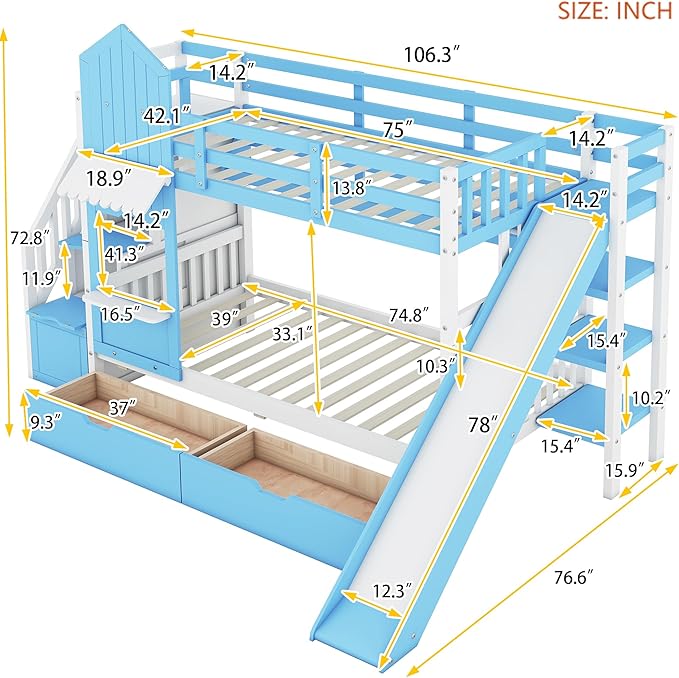 Twin-Over-Twin Castle Style Bunk Bed with 2 Drawers and 3 Shelves, Wooden Bunk Bed Frame and Storage Staircase