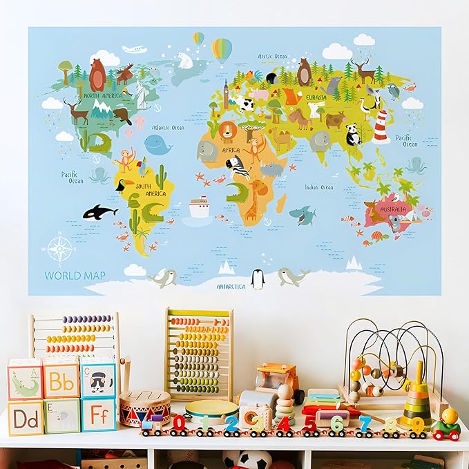 Animal World Map Wall Decals Kids Educational Learning Landmarks Wall Stickers Jungle Wild Animal Wall Art Decal Removable World Map Simple Cute Animal Wall Murals for Kids Calssroom Decor
