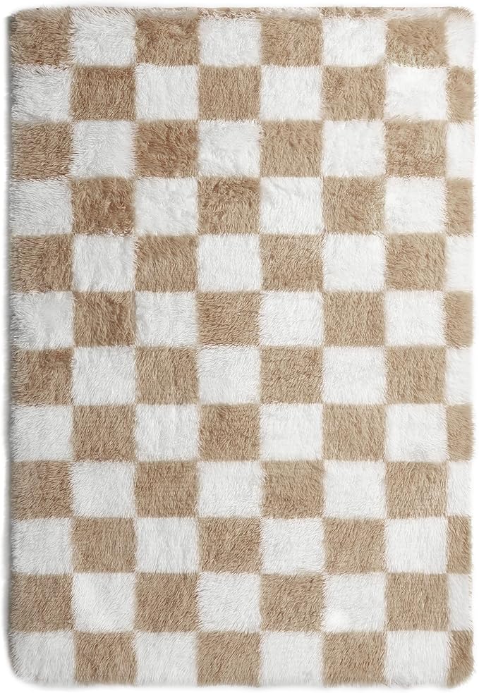 KICMOR 6x9 Rugs for Living Room Beige and Cream White, Large Big Fluffy Shag Fuzzy Checkered Area Rug Shaggy Carpets for Bedroom, Soft Plush Rug for Kids Boys Girls Dorm Nursery Playroom Home Decor