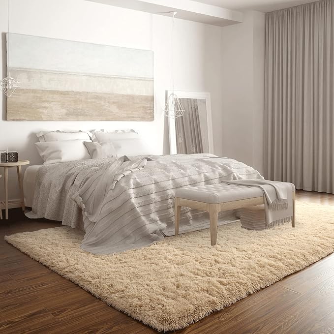 Merelax Soft Modern Indoor Large Shaggy Rug for Bedroom Livingroom Dorm Kids Room Home Decorative, Non-Slip Plush Fluffy Furry Fur Area Rugs Comfy Nursery Accent Floor Carpet 5x8 Feet, Light Tan