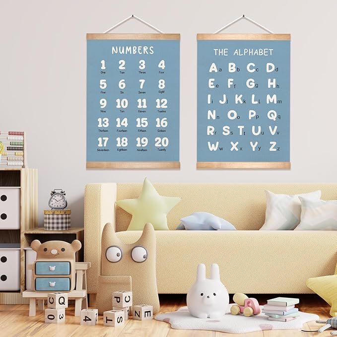 Kids Alphabet and Numbers Educational Chart Set of 2 for Classroom Decor,Colorful Educational Poster for Toddlers 1-3,Toddler Learning Poster for Kids Ages 3-5 for Nursery Playroom,Classroom Must Haves 18.5x14 Inch (Blue)