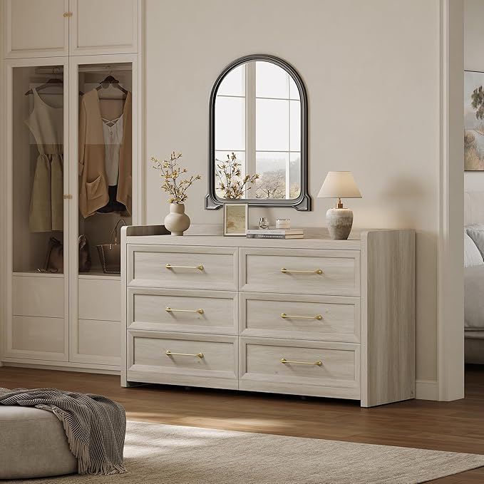 SICOTAS 6 Drawer Dresser for Bedroom-56.4" Extra-Wide Wooden Chest of Drawers with Large Storage, Long Dresser TV Stand with Drawers, Farmhouse Closet Dressers for Nursery Living Room, Grey White Oak