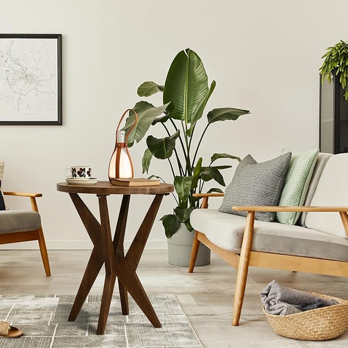 Farmhouse Round End Table Set of 2 with MDF Top and Crossed Legs, Mid Century Modern Side Table Small Accent Table for Small Space Stable Nightstand for Living Room, Natural Wood