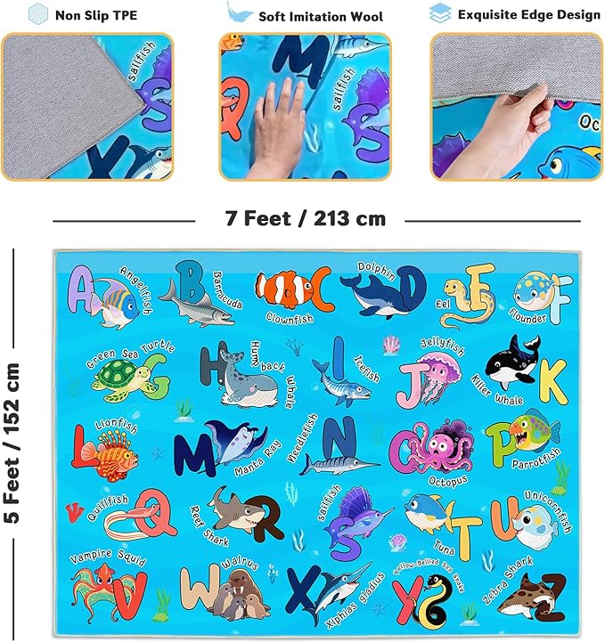 Kids Rugs for Playroom, 5x7 Feet Educational Rug for Learn The ABC Alphabet, Soft Machine Washable Non-Slip Cute Marine Organisms Carpet for Classroom Toddler Nursery Kids Room Decor, Blue