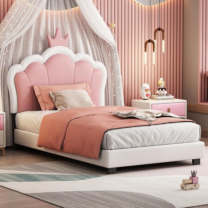 Bellemave Twin Size Princess Bed Frame with Crown Shaped Headboard for Kids,Upholstered Platform Bed with Slats Support,Twin Girls Bed,White