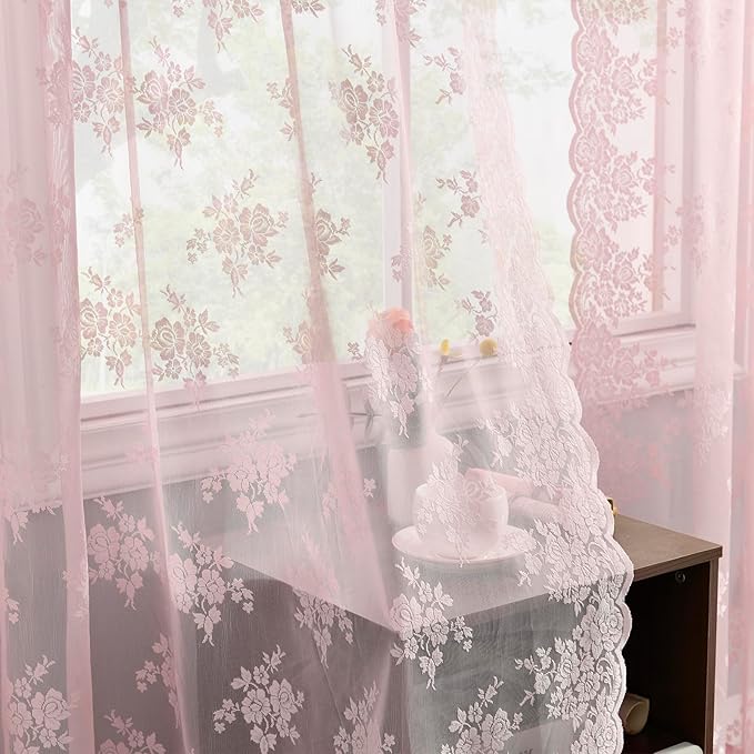 Kotile Pink Lace Curtains 84 Inches Long, 2 Panels, W42 x L84 Inch Each, Country Rustic Floral Pink Colored Sheer Curtains for Living Room, Rod Pocket Privacy Light Filtering Vintage Lacy Curtain
