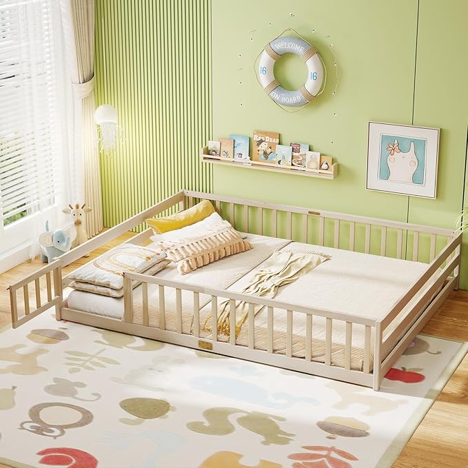 KOMFOTT Queen Size Wood Floor Bed with Door & Fence, Montessori Bed Frame with Full Length Safety Guardrails, Door & Latch, Wooden Montessori Floor Bed for Kids, Girls, Boys (Queen,Natural)