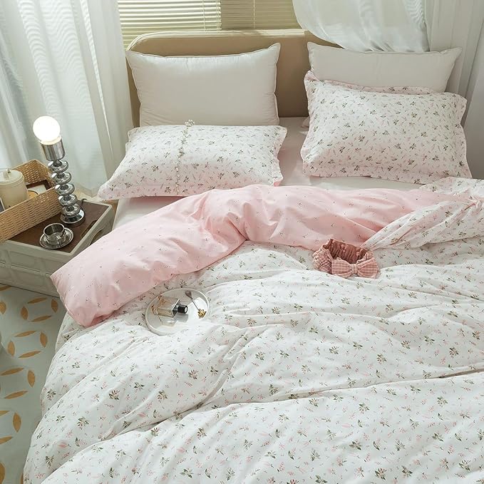 LifeTB Pink Flower Duvet Cover Twin XL Girls Aesthetic Floral Duvet Cover White Soft 100% Cotton Flower Bedding Set Cottage Floral Comforter Cover with Zipper Closure, Breathable, Easy Care