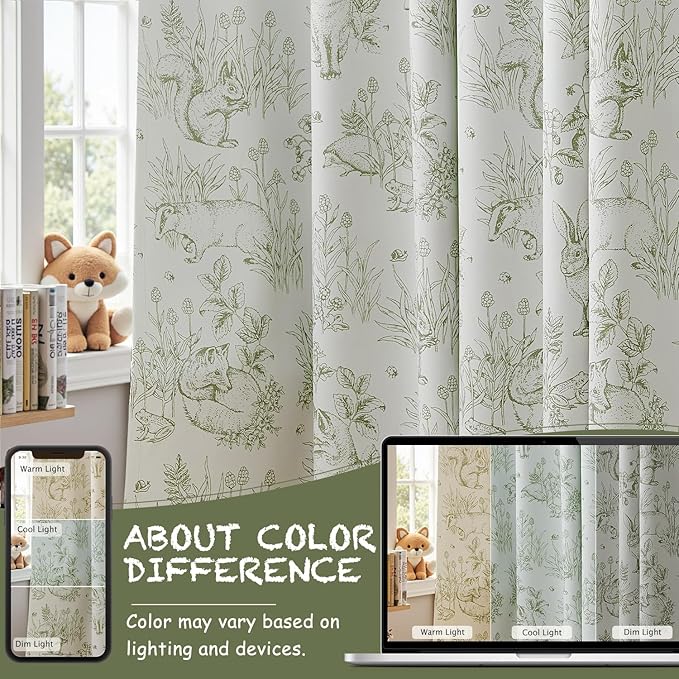 jinchan Blackout Nursery Curtains 63 Inches Long, Bunny Woodland Toile Curtains Sage Green on Beige Animal Printed Drapes for Bedroom Thermal Insulated Farmhouse Rod Pocket Window Treatment 2 Panels