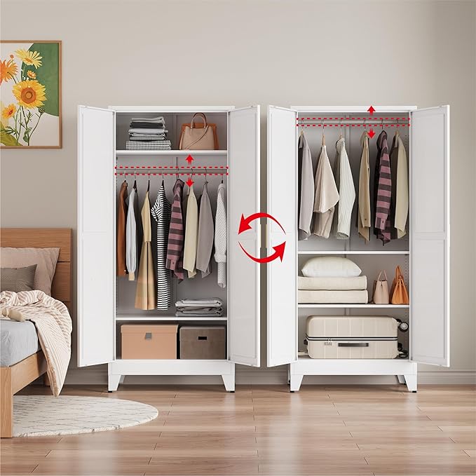 Metal armoire Wardrobe Closet with Hanging Rod,71'' Metal Wardrobe Cabinet with 2 Doors and 2 Adjustable Shelves, Bedroom armoires,Laundry Room cabinets,armario de ropa Closet(Classic, White)