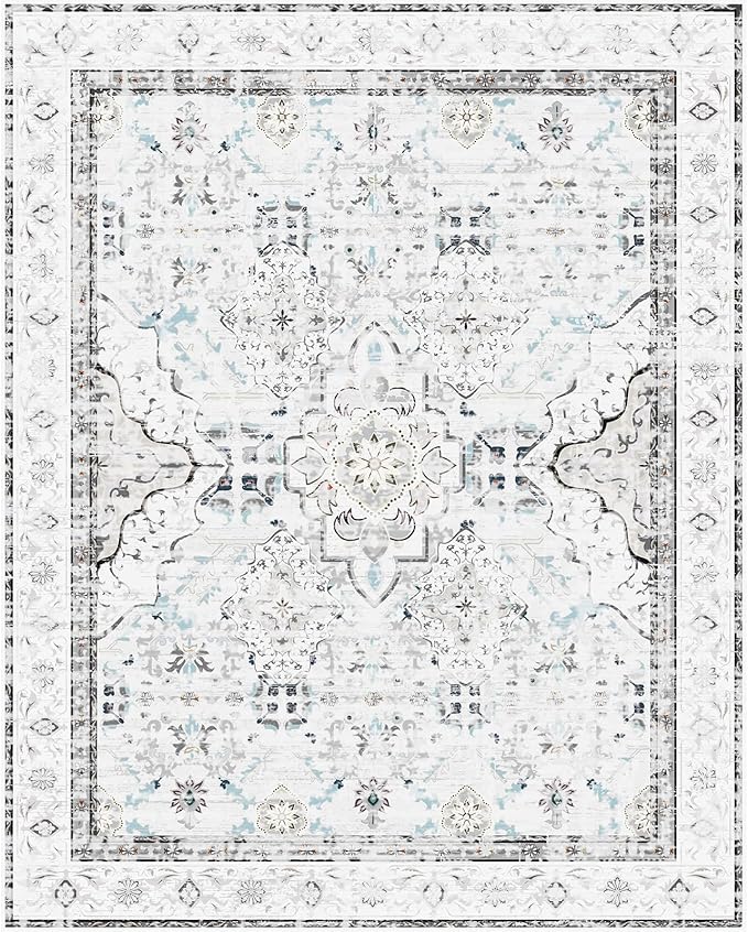 AMTOVO 8x10 Area Rugs for Living Room, Large Non-Slip Washable Rug, Boho Vintage Retro Medallion Print Pattern Carpet for Bedroom Dining Room Home Office Nursery Dorm Farmhouse, Light Grey