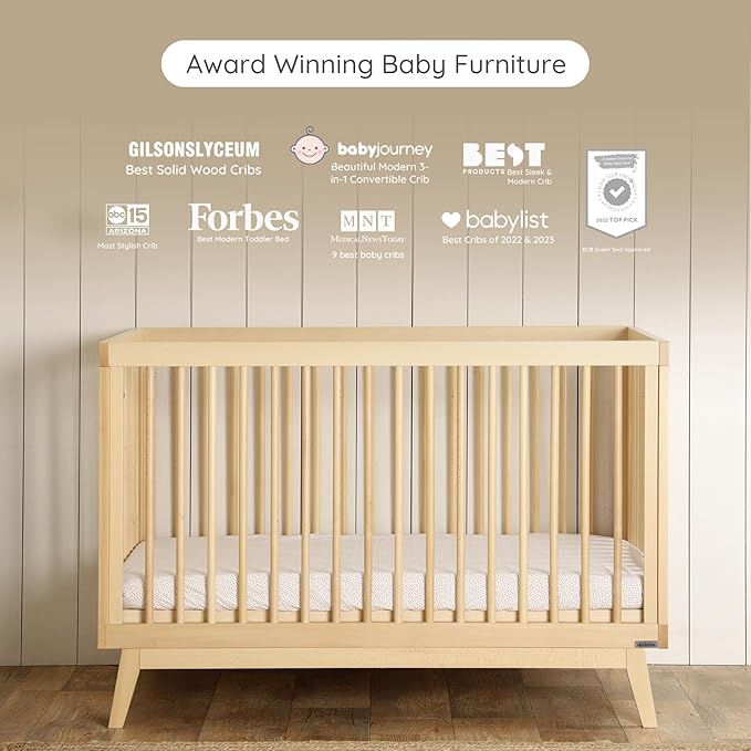 dadada Baby Soho 3 in 1 Convertible Wooden Crib to Toddler Bed - Made in Italy, GREENGUARD Gold Certified, Baby-Safe Finish, Sustainable Beech Wood, Modern Design, 3 Adjustable Heights (Natural)
