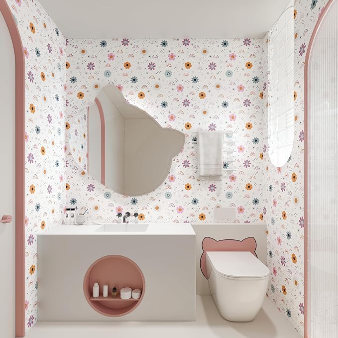 CHIHUT Boho Rainbow Peel and Stick Wallpaper Watercolor Cute Flowers Stars Rainbow Contact Paper Kids Self Adhesive Removable Wallpaper Flowers Wall Decals for Girls Bedroom Cabinets Walls 17.7”x100”