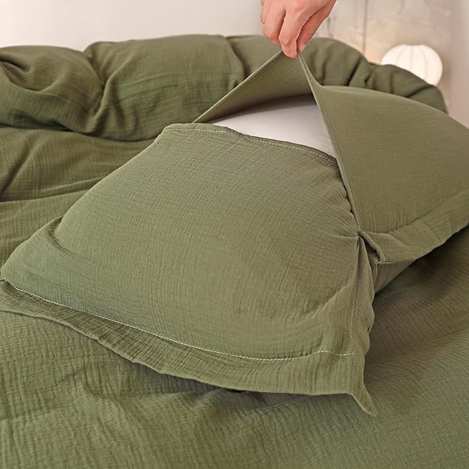 MorroMorn Muslin Duvet Cover King Size, Ultra Soft 100% Cotton Comforter Cover Set, 3 Pieces 2-Layer Gauze Duvet Cover with 2 Pillowcases, Breathable Lightweight Linen Like, 90"x104", Olive Green
