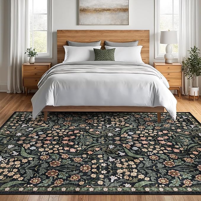 6x9 Washable Area Rug for Living Room, Floral Non-Slip Non-Shedding & Easy Care, Soft Low Pile Botanical Indoor Floor Carpet for Living Room, Bedroom, Farmhouse, Dining Room, Kids Playroom, Black