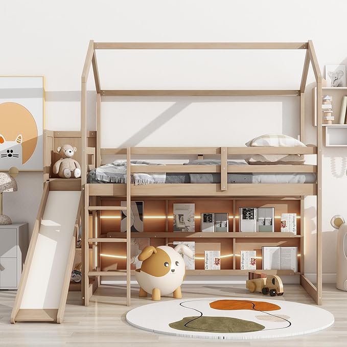 Flieks Twin Size Wood House Loft Bed Frame for Boys Girls Kids Adults Toddler with Slide, Storage Shelves and Light, Climbing Ramp, Wood Color