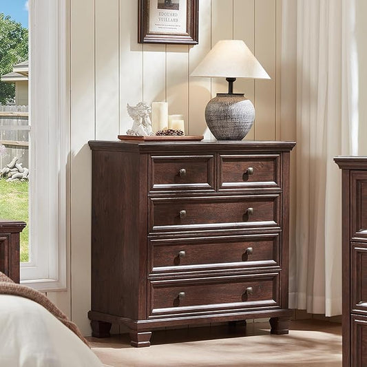 Farmhouse 5 Drawer Dresser for Bedroom, 32.6 Inch Tall Vintage Chest of Drawers, Mid-Century Small Dressers w/Square Solid Wood Legs, Rustic Storage Organizer for Living Room, Walnut