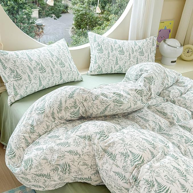 LifeTB Muslin Duvet Cover King Size 100% Cotton Botanical Floral Comforter Cover Ultra Soft Cottagecore Bedding Set Lightweight Linen Feel Textured Breathable Gauze Duvet Cover with 2 Pillowcases