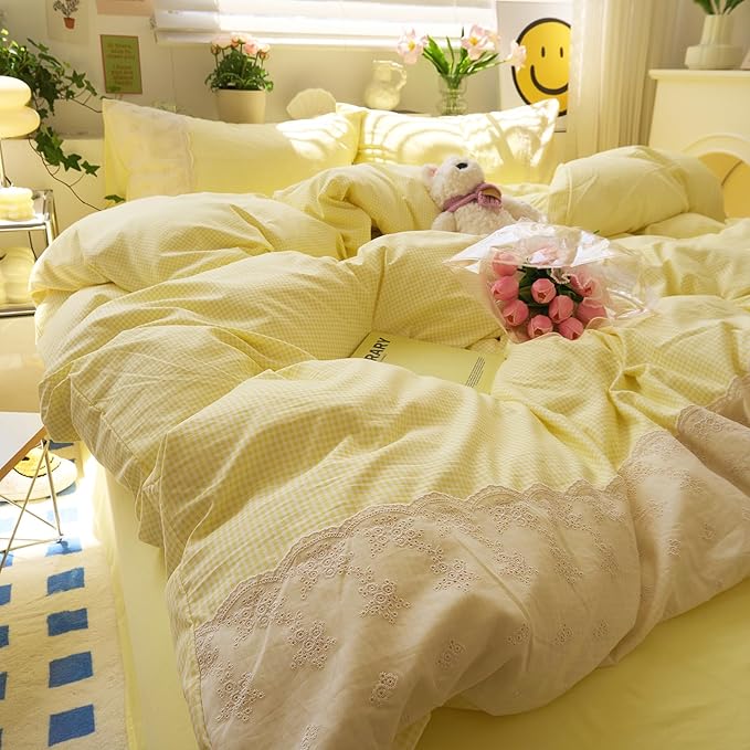 LifeTB Yellow Gingham Duvet Cover Twin XL 3 Pieces Romantic Lace Comforter Cover Super Soft Cream Yellow Grid Duvet Cover Farmhouse Plaid Checkered Comforter Cover Grid Gingham Bedding Set