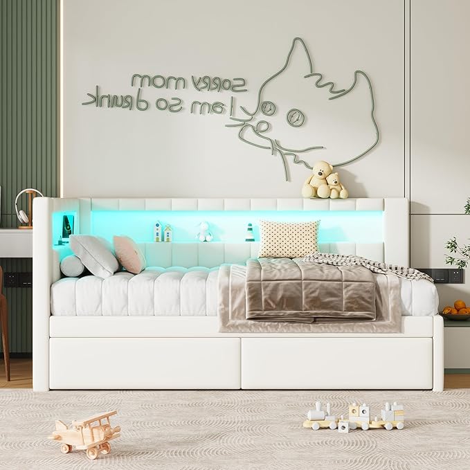Twin Size Soft Daybed with Storage Drawers, Shelves and LED Belt, Linen Upholstered Corner Bed with L-Shaped Bookshelf Headboard and USB Charger for Kids Boys Girls, White
