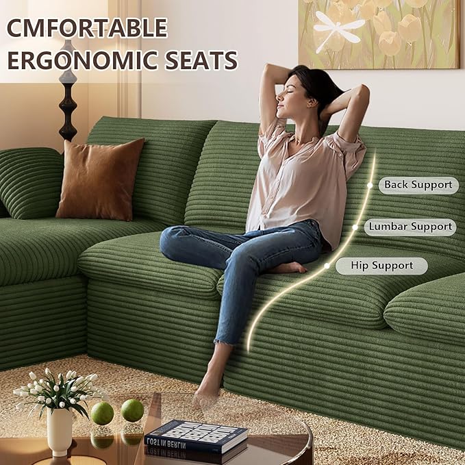 136 Inch Cloud Sectional Couch, Modern Modular Sectional Sofa with Deep Seat, Corduroy Boneless Couches with L-Shape Chaise for Living Room Bedroom, No Assembly Required (Green, Left Facing Chaise)