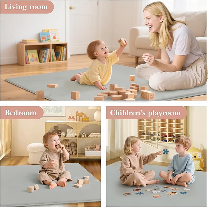 PapaMama Ultra Soft Baby Play Mat for Floor, 1.3" Thick Memory Foam 50x50 Playpen Mat with Non-Slip Backing, Coral Velvet Child Nursery Rug, Tummy Time & Crawling & Yoga Mat for Infant, Toddlers, Kids