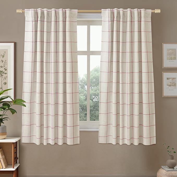 DriftAway 2 Panels 100% Blackout Windowpane Plaid Linen Curtains Double Layer Drapes for Bedroom 63 Inches Long Farmhouse Thermal Insulated 3.25 Inch Rod Pocket Back Tab for Living Room Red