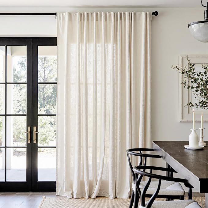 jinchan Beige Linen Blend Curtain 90 Inches Length 1 Panel for Sliding Door, Light Filtering 100 Inches Extra Wide Living Room Natural Drape with Rod Pocket Back Tab (100W x 90L, Ecru)