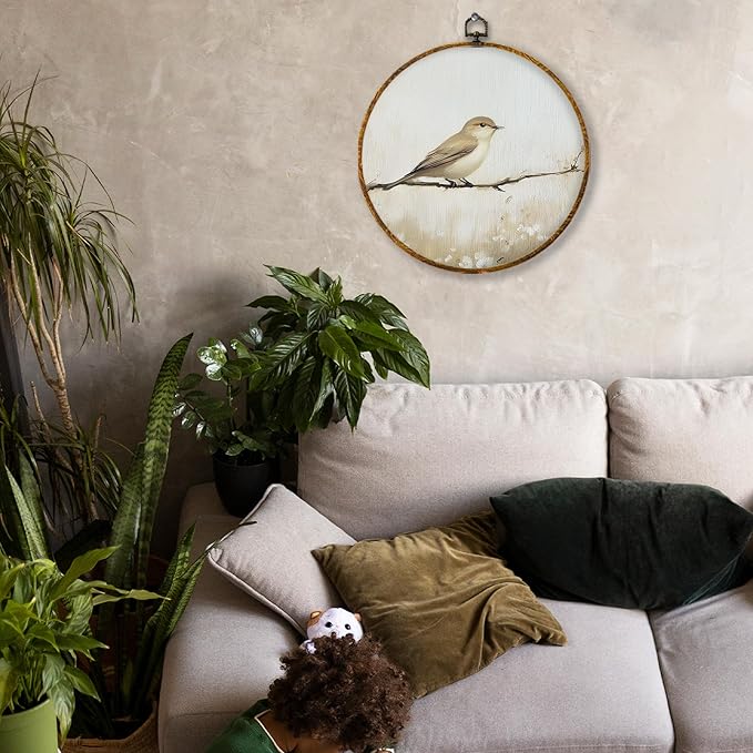Hiuwevt Neutral Bird Round Wall Art Decor, Minimalist Cottagecore Bird Beige Hanging Canvas Prints Artwork Framed, Rustic Nature Circular Wall Decor for Home Bedroom Living Room, 10x10 Inch