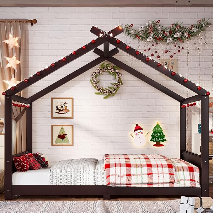 Full Size Wooden House Floor Bed - Kids Bed Frame with Roof & Support Slats for Bedroom, No Box Spring Needed, Easy Assembly (Espresso)