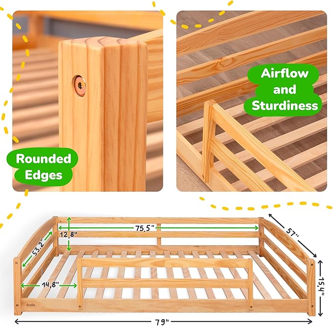 Ocodile Full Size Montessori Floor Bed for Kids - Strong Slatted Bed Frame with Full Rails - Ideal for Little Girls and Boys - Varnished