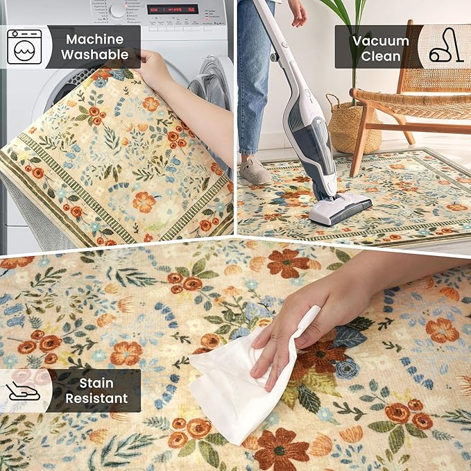 Rugs for Living Room 8x10, Machine Washable Non-Slip Thin Area Rugs, Boho Vintage Floral Soft Bedroom Carpet Rug for Home Indoor Dining Room, Beige/Multi