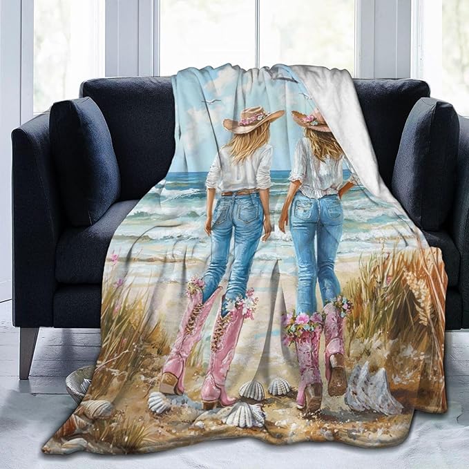 Coastal Cowgirl Blanket Cowgirl Beach Decor Throw Blanket Super Soft Flannel Lightweight Fluffy Plush Fuzzy Fleece Western Blanket Gifts for Girl Woman Boys Kids Adults Man for Bed Sofa 50"X60"