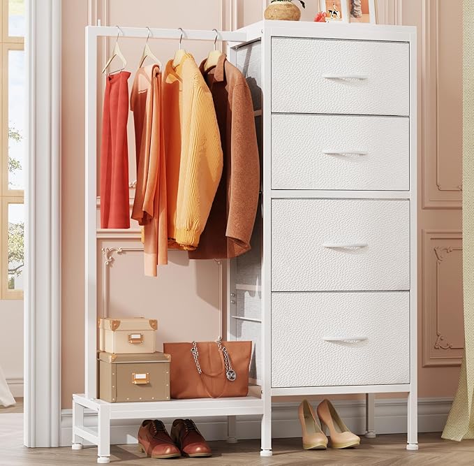 Dresser with Hanging Rack, 4 Drawers Small Closet for Bedroom, Reversible Fabric Kids Chest of Drawers with Clothes Rack, Tall Storage Tower, Sturdy Frame, White, 44''H