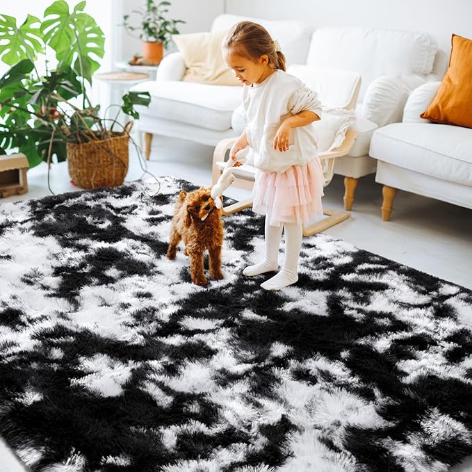 EVOIONOS Area Rug for Bedroom Living Room, Machine Washable 4x6 Fluffy Shag Rug, Soft Plush Non Slip Carpet for Indoor Floor Bedside Nursery Kids Room, Home Decor Aesthetic, Tie-Dyed Black and White