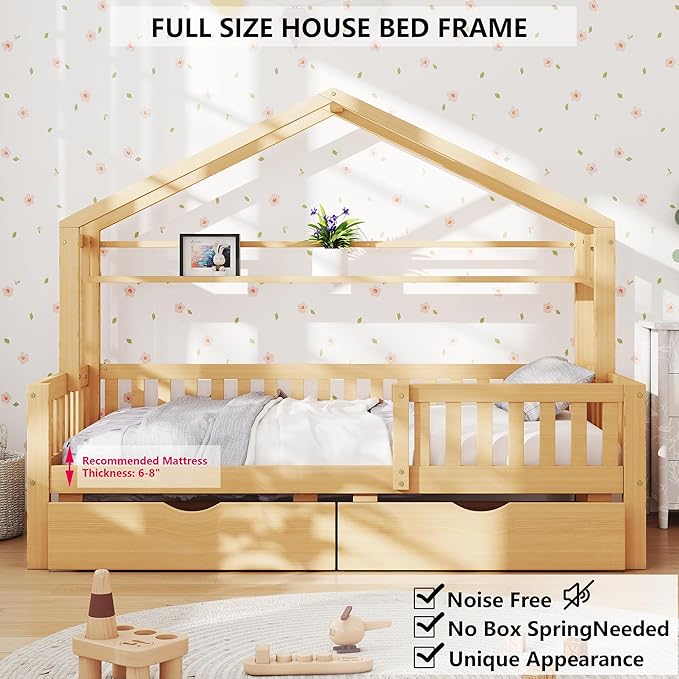 Aoowow Full Size House Bed with Storage Drawers and Shelf, Kids Twin Bed Frame Wooden Platform Bed with Guardrails and Slats for Boys Girls Teens for Bedroom(Natural)