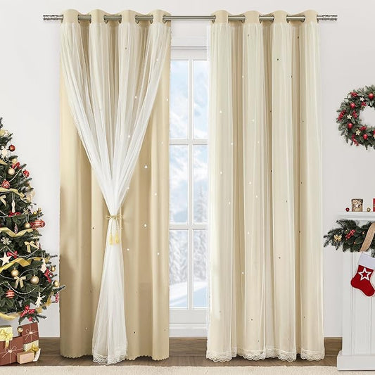XiDi Beige Blackout Curtains with Sheer Overlay Star Cut Out Design Warm Color Double Layer Curtains Thermal Noise Reduction Grommet Darpes for Girls Kids Bedroom Living Room 34 x 84 Inches, Set of 2