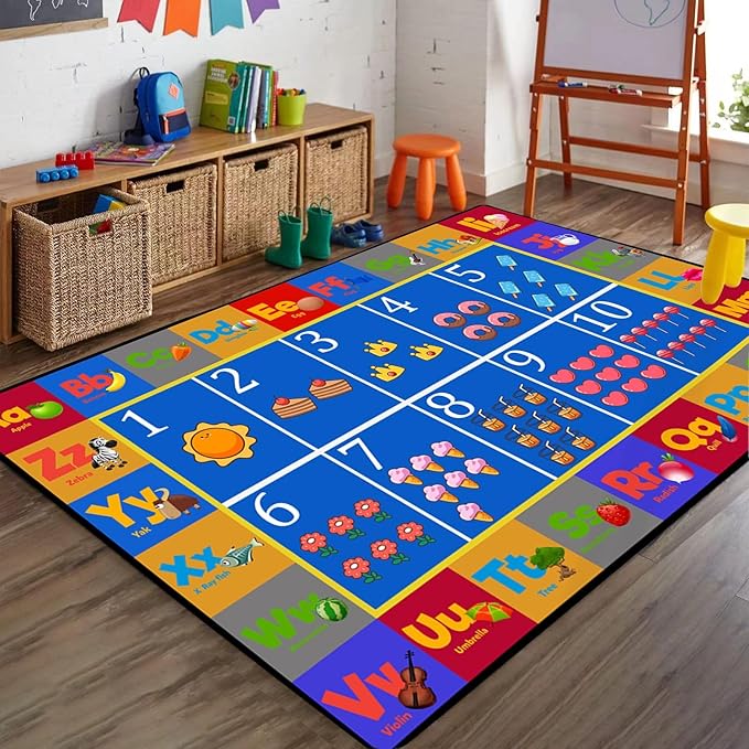 Cartoon Children's Educational Carpet for Classroom, 6x8ft, Learning Numbers Letters Living Room Rug, Foldable Durable Washable Area Rug, Soft Cozy Low Pile Mats for Bedside Dorm