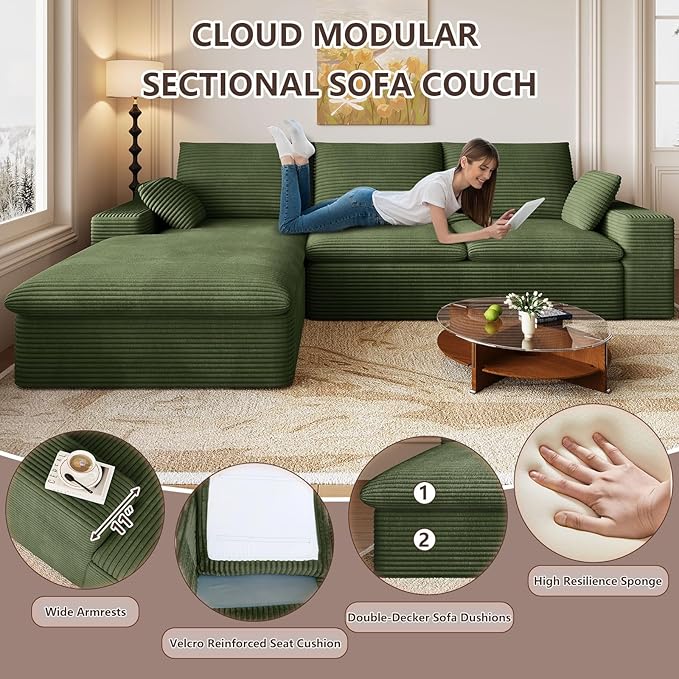 107 Inch Cloud Sectional Couch, Modern Modular Sectional Sofa with Deep Seat, Corduroy Boneless Couches with L-Shape Chaise for Living Room Bedroom, No Assembly Required (Green, Left Facing Chaise)