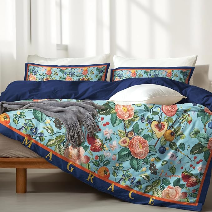 MAGRACE King Duvet Cover Ultra Soft Luxury 100% Cotton Cute Floral Comforter Cover Set, Breathable and Durable, Textured Duvet Cover with Pillow Shams