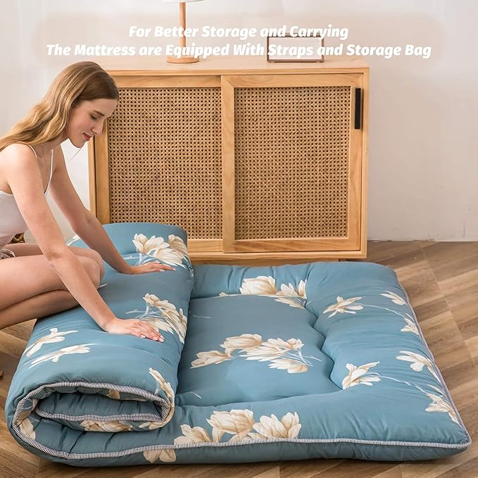 MAXYOYO Floral Printed Rustic Japanese Style Futon Foldable Roll Up Bed Camping Floor Mattress for Adults Floor Lounger Bed Couches and Sofas, Full
