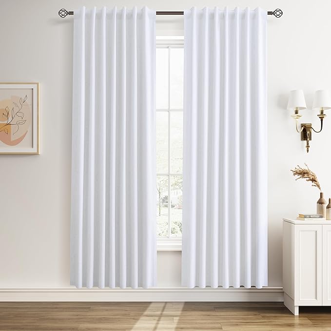 Linen 100% Blackout Curtains 80 Inches Long for Bedroom Full Light Blocking Curtains Beige White Country Farmhouse Insulated Thermal Noise Cancelling Window Drapes for Living Room 2 Panels Set 52x80
