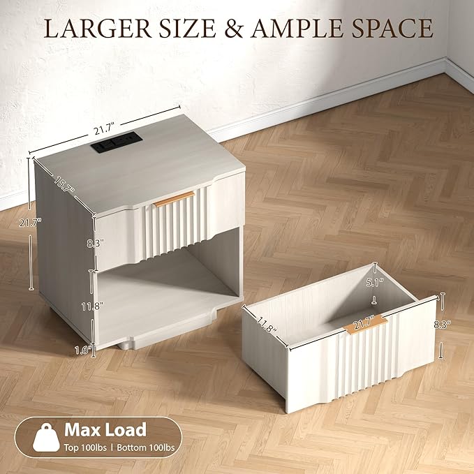 XIAO WEI End Table with Charging Station, 20W Fast Charger Fluted Side Table, Sofa Table with Drawer and Open Shelf,End Table for Living Room,White